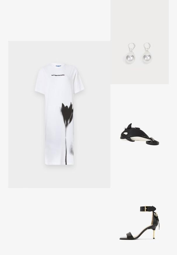 Valge T-särk-kleit, millel on musta spray-pinnaga lillekujundus. Kuvatud "karl lagerfeld jeans" logo mustas, ümar kaelus, lühikesed varrukad.; Must musta kõrge kontsaga sandaal ruudukujulise varbaga, puusapael ja kuldse solgiga ning saledat metallist kontsaga. Sile tekstuur, minimalistlik disain.; Mustvalge orka-kujuline õlakott lukuga, väikeste uimedetailidega ja kõrval rullis eemaldatav rihm.; Hõbedased langenud kõrvarõngad, millel on siledad, ümmargused, peegeldavad pinnad, mis ripuvad klamberkinnituselt. Taust on lihtne valge.