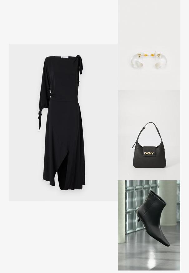 Schwarzes Wickelkleid mit einem langen Ärmel und Knotendetail an der Schulter. Verfügt über einen asymmetrischen Saum und eine glatte Stoffstruktur.; Schwarzer Leder-Stiefelette mit spitzer Zehenpartie und niedrigem Kitten-Heel, schräg dargestellt vor einem polierten Boden und einer Glasbausteinwand.; Schwarze Leder-Umhängetasche mit einer strukturierten Form, die ein goldfarbenes "DKNY"-Logo auf der Vorderseite und einen kurzen, verstellbaren Trageriemen hat.; Klare Acryl-Ohrringe in Hoop-Form mit goldenen Akzenten, die ein geschwungenes Design und einen transparenten Verschluss aufweisen. Glatte Textur, minimalistischer Stil.