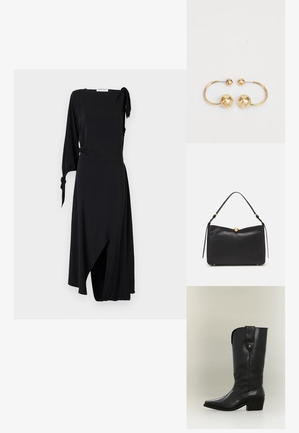 Robe noire portefeuille avec une manche longue et un détail en nœud à l'épaule. Présente un ourlet asymétrique et une texture de tissu lisse.; Botte de cow-boy haute en cuir noir avec bout pointu, talon épais et languette avec un petit logo doré.; Sac à main en cuir noir avec une texture lisse, une forme structurée et un fermoir sphérique doré. Doté d'une seule anse supérieure et d'accents.; Boucles d'oreilles en métal doré présentant un design circulaire avec deux sphères, l'une plus grande et texturée, et une petite boule polie en haut.