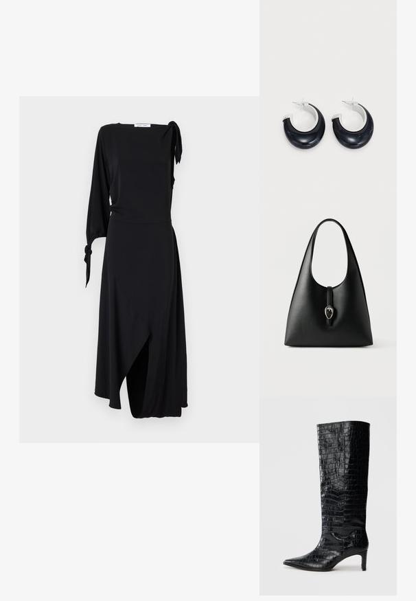 Schwarzes Wickelkleid mit einem langen Ärmel und Knotendetail an der Schulter. Verfügt über einen asymmetrischen Saum und eine glatte Stoffstruktur.; Schwarze kniehohe Stiefel mit glänzender, krokodilgeprägter Textur, spitzer Zehenpartie und schmalem Absatz. Glattes synthetisches Material.; Schwarze Lederhandtasche mit einem einzelnen Griff und einem Verschlussriemen mit silberner Schnalle vor weißem Hintergrund.; Schwarze Harz-Hoops mit glänzender Oberfläche und silberfarbenen Hardware-Details. Zirkulare Form mit Ausschnitt und Post-Back-Verschluss.