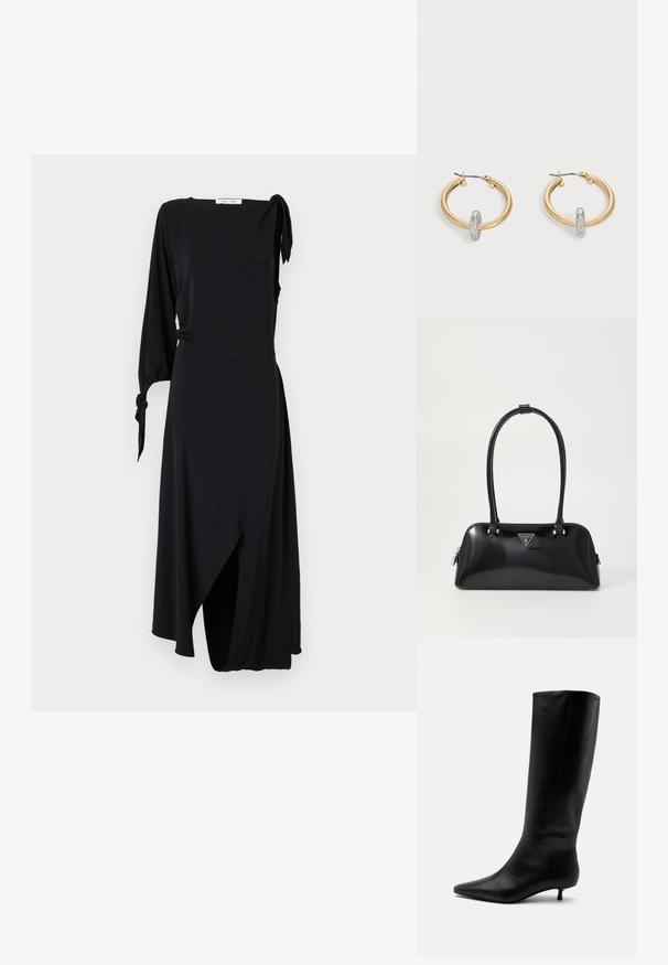 Robe noire portefeuille avec une manche longue et un détail en nœud à l'épaule. Présente un ourlet asymétrique et une texture de tissu lisse.; Botte noire en cuir jusqu'au genou avec bout pointu et petit talon kitten sur un fond clair uni.; Sac à main noir brillant avec une silhouette incurvée, deux poignées et une plaque logo à l'avant. Fermeture éclair et accents en matériel brillant.; Paire de boucles d'oreilles créoles dorées avec un petit détail boucle ton argent sur chaque, exposées sur fond gris clair.