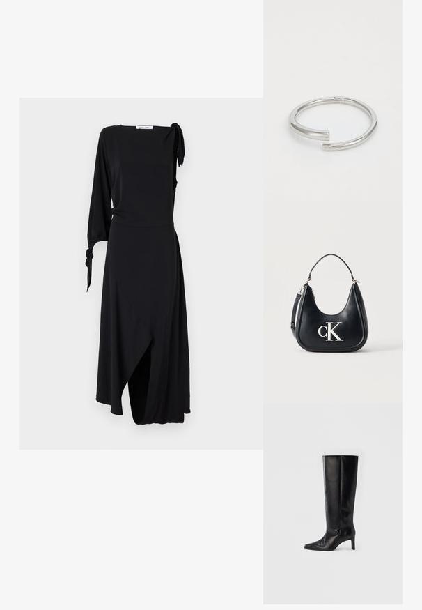 Schwarzes Wickelkleid mit einem langen Ärmel und Knotendetail an der Schulter. Verfügt über einen asymmetrischen Saum und eine glatte Stoffstruktur.; Schwarze kniehohe Stiefel aus glattem Leder, mit spitzer Zehenpartie und schlankem Absatz, ausgestattet mit einem anliegenden Schaft und minimalistischem Design.; Schwarze Leder-Umhängetasche mit silbernem "cK"-Logo, geschwungener Silhouette, kurzem Griff und abnehmbarem längeren Riemen vor einfarbigem Hintergrund.; Calvin Klein SPIRAL - Armband - silver-coloured