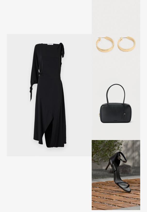 Schwarzes Wickelkleid mit einem langen Ärmel und Knotendetail an der Schulter. Verfügt über einen asymmetrischen Saum und eine glatte Stoffstruktur.; Schwarze Sandalette mit hohem Absatz und Knöchelriemen schwebt über einem Holzboden im Freien vor verschwommenem Grün und Steinhintergrund.; Schwarze rechteckige Handtasche mit doppelten, abgerundeten Griffen, goldfarbenem Reißverschluss und geprägtem „HUGO“-Logo auf der Vorderseite sowie angebrachtem Lederanhänger.; Ein Paar goldfarbene Creolen mit einer Reihe kleiner Kristalle entlang der äußeren Kante, auf einem schlichten hellen Hintergrund dargestellt.