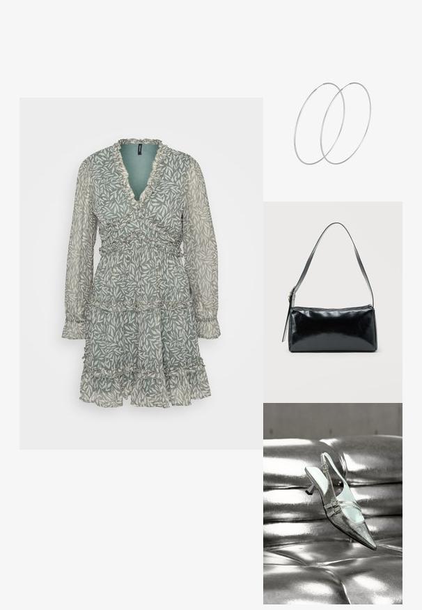 Vestido de flores verdes con escote en V, volantes, mangas largas y capas, hecho de una tela ligera y transparente.; Zapato de tacón alto con tira trasera y dos hebillas en plata, descansando sobre una superficie de cuero plateado brillante y acolchada.; Bolso de hombro rectangular negro con una correa ajustable y un cierre de cremallera superior sobre un fondo liso.; Pendientes de aro plateados con un diseño minimalista. Forma circular, textura suave y perfil delgado. Livianos con un acabado pulido.