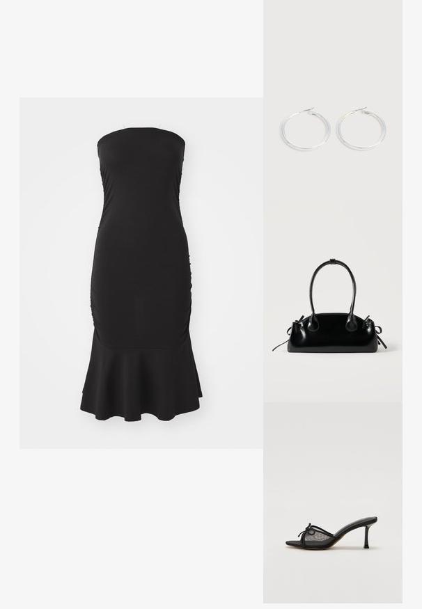Vestido negro sin tirantes con un corpiño ajustado, textura fruncida en los costados y un dobladillo acampanado. Hecho de tela elástica para mayor comodidad.; Mule negro de tacón con parte superior de malla, tiras delgadas y un nudo decorativo. Presenta un tacón fino y puntiagudo, y una plantilla texturizada.; Pequeño bolso negro brillante con dos asas largas y detalles de cordón lateral sobre un fondo claro liso.; Pareja de pendientes de aro plateados brillantes con cierres de alambre delgado, mostrados sobre un fondo gris claro.