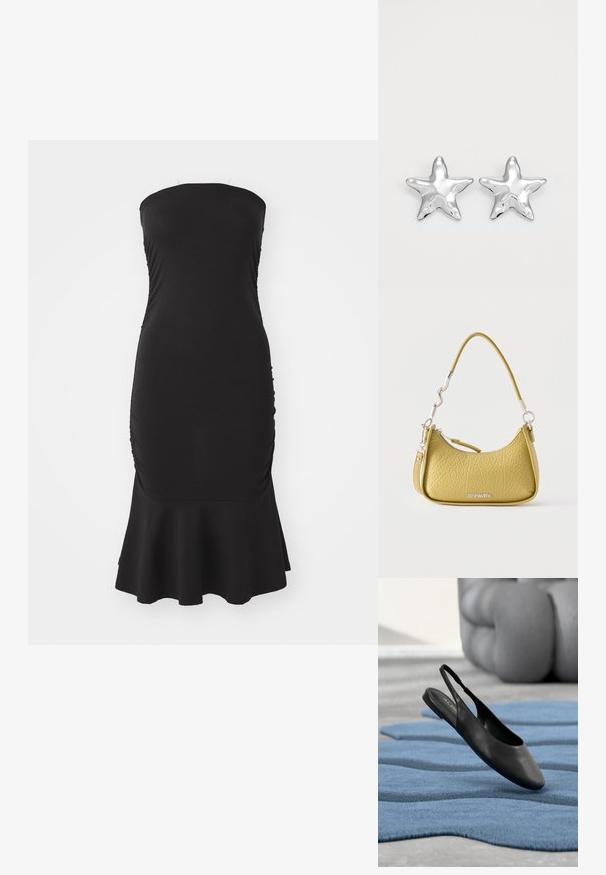 Vestido negro sin tirantes con un corpiño ajustado, textura fruncida en los costados y un dobladillo acampanado. Hecho de tela elástica para mayor comodidad.; Zapato plano de cuero negro con correa trasera, descansando sobre una alfombra azul texturizada con un fondo acolchado gris.; Bolso pequeño amarillo con textura, cremallera superior curva, asa corta y ondulada, correa desmontable y logo plateado de Steve Madden.; Pendientes en forma de estrella plateada con una superficie pulida y brillante. Cada pendiente presenta cinco puntas y sutiles detalles de textura en la superficie.