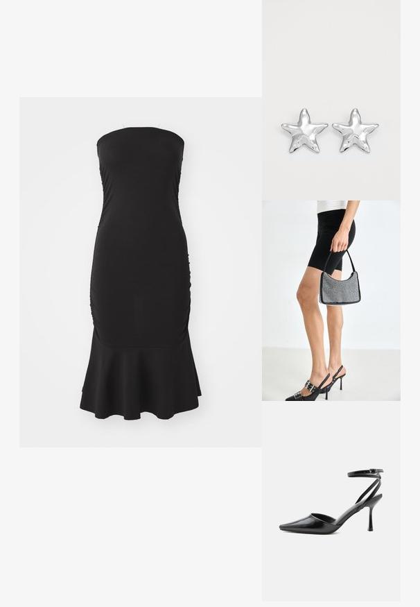 Zwarte, strapless jurk met een aansluitend lijfje, geplooide textuur aan de zijkanten en een uitlopende zoom. Gemaakt van rekbare stof voor comfort.; Zwarte pumps met puntige neus, dunne enkelbandjes en een zilveren gesp op een effen lichte achtergrond.; Zwarte beaded handtas met een gebogen silhouet, draaghandvat en glanzende textuur. Draagt bij hoge zwarte hakken en strakke zwarte shorts.; Zilveren stervormige oorbellen met een gepolijste, glanzende afwerking. Elke oorbel heeft vijf punten en subtiele textuurdetails op het oppervlak.