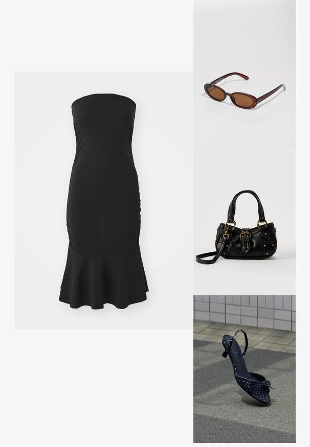 Vestido negro sin tirantes con un corpiño ajustado, textura fruncida en los costados y un dobladillo acampanado. Hecho de tela elástica para mayor comodidad.; Sandalia de tacón alto con tiras al tobillo y lunares negros, con un lazo en la punta, colocada en posición vertical sobre un pavimento gris junto a una pared de azulejos.; Gafas de sol redondas con tinte marrón y un marco burdeos brillante. Patillas delgadas con un sutil detalle de marca. Diseño de lentes planos.; Bolso de cuero negro con hebilla y detalles de remaches dorados, asas cortas y una correa de hombro ajustable sobre un fondo blanco liso.