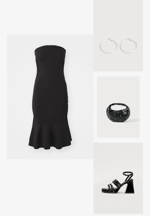 Zwarte, strapless jurk met een aansluitend lijfje, geplooide textuur aan de zijkanten en een uitlopende zoom. Gemaakt van rekbare stof voor comfort.; Zwarte lakleren sandaaltjes met hoge hakken, vierkante neus, meerdere bandjes ontwerp, verstelbare enkelband en een chunky geometrische hak.; Zwarte leren handtas met een afgeronde vorm, versierd met zilveren studs, en een korte handgreep. Gladde textuur en ritsluiting.; Een paar glanzende zilveren oorringen met dunne draadafsluitingen, getoond op een lichtgrijze achtergrond.