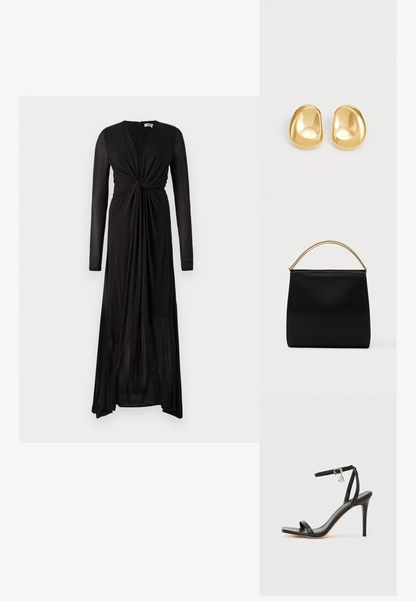 Vestido negro de manga larga con detalle de nudo en el frente y tejido fluido. Presenta un escote en V profundo y un dobladillo gradual para un caído elegante.; Sandalia de tacón alto negra con una estrecha correa en el tobillo, punta cuadrada, material de cuero liso y detalle de hebilla metálica.; Bolso negro de tela suave, con forma estructurada, asa de cadena dorada y diseño geométrico minimalista.; Pendientes de studs en color dorado con una forma suave y redondeada y una superficie reflectante, que exhiben un diseño minimalista y sin patrones visibles.