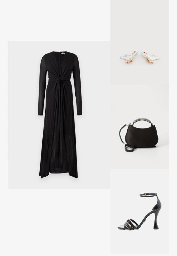 Robe noire à manches longues avec un détail de devant noué et un tissu fluide. Présente un décolleté en V profond et un ourlet progressif pour un drapé élégant.; Sandale à talon haut en cuir verni noir avec bride à la cheville et deux brides frontales agrémentées de détails de boucles dorées, vue de profil sur fond blanc.; Sac à main en satin noir avec une poignée argentée incurvée et une bandoulière noire amovible. Texture douce et forme arrondie avec un design minimaliste.; Clous d'oreilles en céramique en forme de canard avec corps blancs, becs orange et accessoires ton or, présentant des ailes en relief et des textures détaillées.