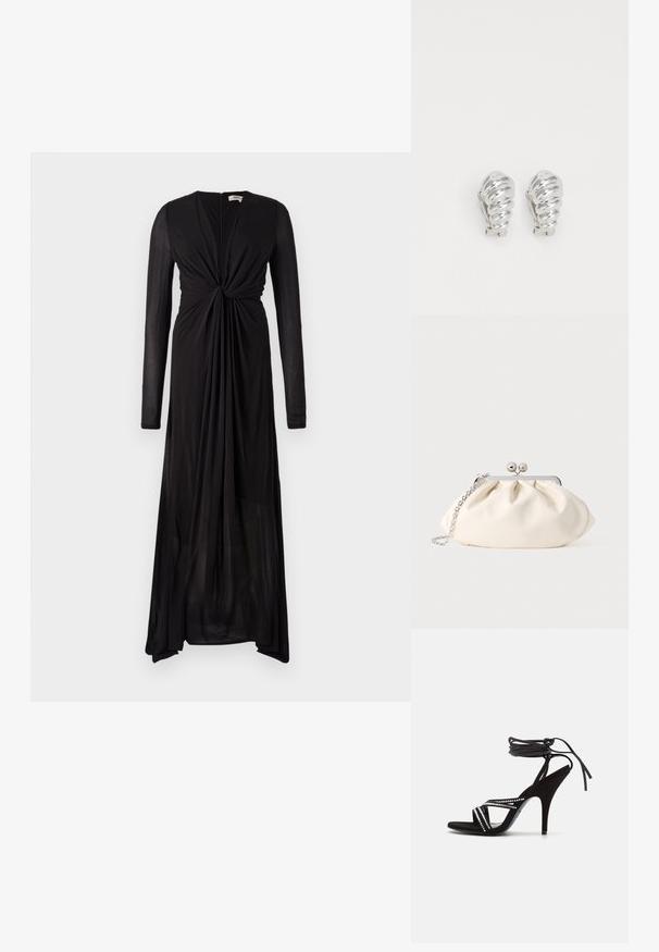 Vestido negro de manga larga con detalle de nudo en el frente y tejido fluido. Presenta un escote en V profundo y un dobladillo gradual para un caído elegante.; Patrizia Pepe Sandalias de tacón - black; Bolso de mano de tela color crema con diseño fruncido, marco metálico plateado, dos bolas decorativas y correa de cadena plateada.; Pendientes de clip plateados con un diseño en espiral, que presentan una textura metálica suave y formas redondeadas. Sin adornos ni patrones visibles.