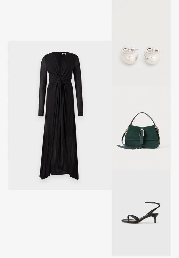 Robe noire à manches longues avec un détail de devant noué et un tissu fluide. Présente un décolleté en V profond et un ourlet progressif pour un drapé élégant.; Sandale pour femme en cuir noir avec fines lanières, une boucle d'orteil, une boucle à la cheville et un talon aiguille de hauteur moyenne sur un fond neutre.; Sac à main en daim vert foncé avec une poignée supérieure, un détail de boucle dorée et une bandoulière ajustable sur un fond clair.; Paire de boucles d'oreilles argentées brillantes et épaisses avec fermoirs à tige, sur fond blanc uni.