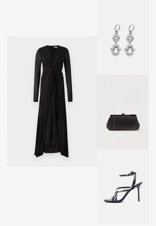 Robe noire à manches longues avec un détail de devant noué et un tissu fluide. Présente un décolleté en V profond et un ourlet progressif pour un drapé élégant.; Sandale à talon noir avec fines lanières, boucle à la cheville et détail logo en métal sur la lanière latérale, sur fond blanc.; Pochette noire en mesh avec une silhouette structurée, ornée de petits clous métalliques, dotée d'une fermeture à clip et d'une bandoulière en chaîne détachable.; Boucles d'oreilles en métal argenté ornées de plusieurs pierres précieuses en cristal transparent en forme de goutte et de marquise, avec des fermoirs à levier et des détails complexes.