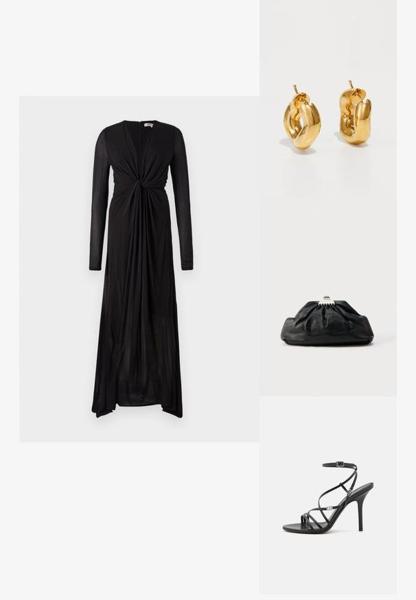 Vestido negro de manga larga con detalle de nudo en el frente y tejido fluido. Presenta un escote en V profundo y un dobladillo gradual para un caído elegante.; Sándalo negro de tacón alto con tiras finas, hebilla en el tobillo, superficie de cuero suave y tacón de aguja esbelto.; Bolso de mano de cuero negro con textura recogida, cierre de broche metálico y logo en relieve sutil en el frente. Forma redondeada.; Pendientes de aro grueso en oro con un diseño tubular ligeramente retorcido y cierre de presión, sobre un fondo blanco.