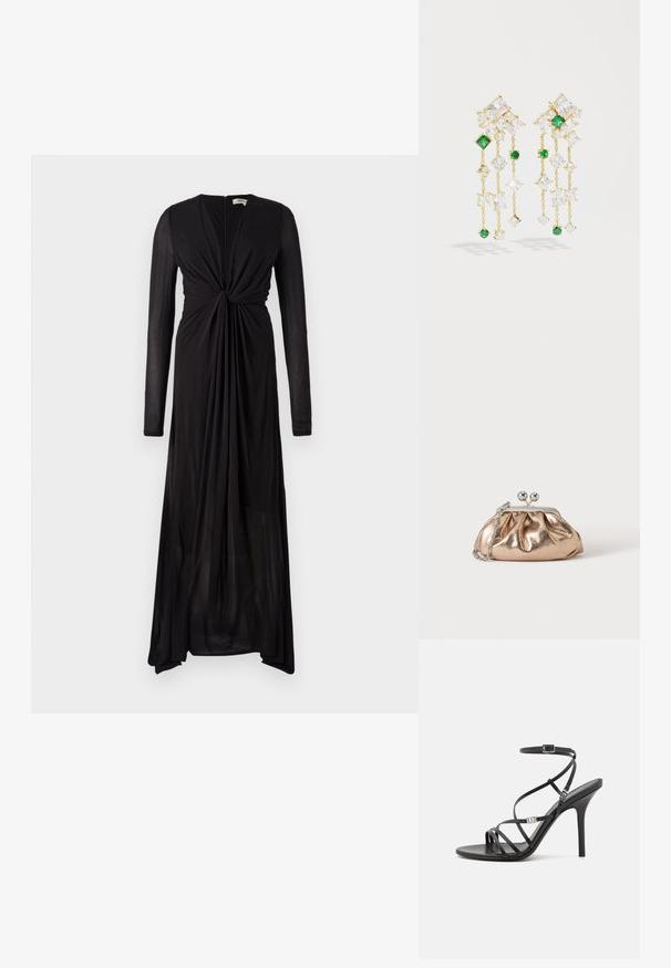 Robe noire à manches longues avec un détail de devant noué et un tissu fluide. Présente un décolleté en V profond et un ourlet progressif pour un drapé élégant.; Sandale noire à talons hauts avec des brides fines, une boucle à la cheville, une surface en cuir lisse et un talon aiguille élancé.; Petit sac pochette métallique dorée avec fermoir argenté et chaîne sur un fond clair uni.; Boucles d'oreilles dorées avec des chaînes pendantes ornées de gemmes transparentes et vertes de différentes formes, y compris des carrés et des diamants.