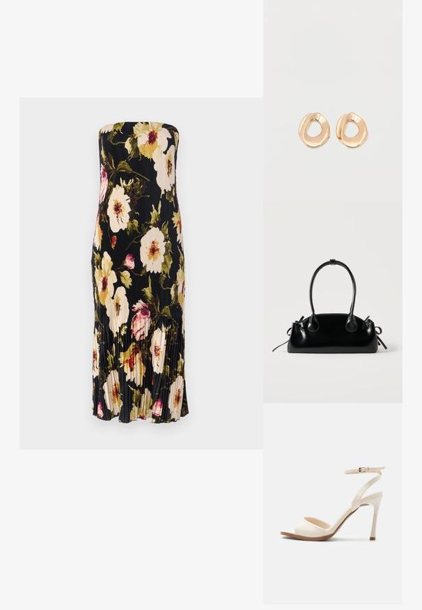 Strapless zwart bovenkleed met een geplooid ontwerp, voorzien van grote bloemenpatronen in roomkleur, roze en groen. Onder de knie in lengte met subtiele ruches.; Beige sandaal met hoge hak, dunne enkelband met gouden gesp, open teen en slanke naaldhak op een witte achtergrond.; Kleine zwarte glanzende handtas met twee lange hengsels en zijkant trekkoord details op een effen lichte achtergrond.; Set van onregelmatig gevormde, gepolijste hoepel oorbellen van goudkleurig metaal met een open midden op een effen witte achtergrond.