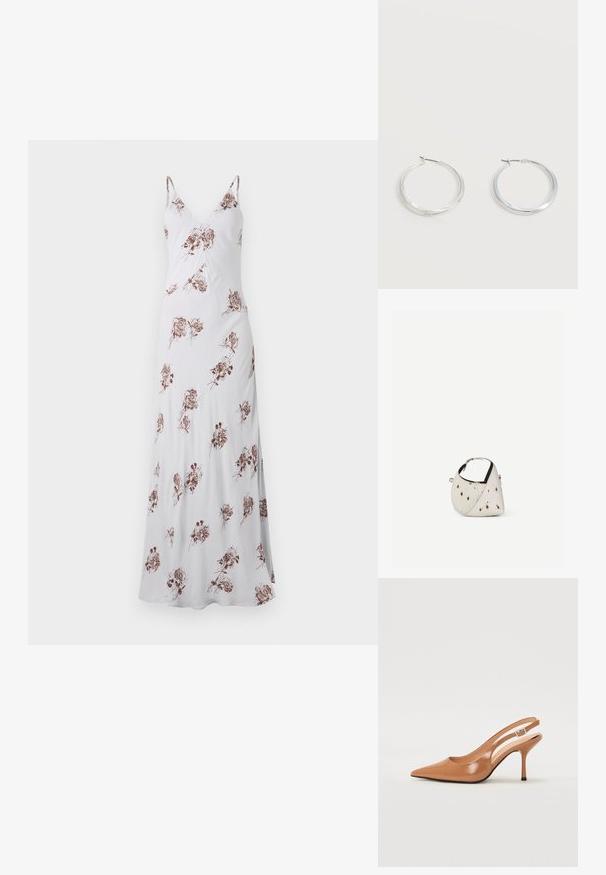 Lange witte jurk met dunne bandjes, voorzien van een bloemenpatroon in bruin. Gemaakt van een gladde stof, heeft het een V-halslijn en een vloeiende silhouet.; Puntige slingback hak in een glad, glanzend beige materiaal. Bevat een gebogen uitsnijdontwerp en een slanke stiletto hak. Zilveren gesp detail.; Kleine witte handtas met bruine vlekken, afgeronde driehoekige vorm, zwarte binnenvoering en korte verstelbare band met zilveren gesp.; Zilverkleurige metalen creolen oorbellen met een glad, licht gebogen oppervlak en sluitingen met haaksluiting op een effen witte achtergrond.