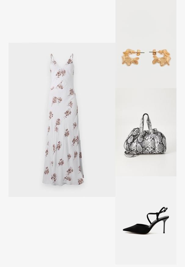 Robe blanche longue avec des fines bretelles, ornée d'un motif floral brun. Fabriquée en tissu lisse, elle possède un décolleté en V et une silhouette fluide.; Chaussure à talon haut noire à bout pointu avec talon stiletto fin et fines lanières à la cheville avec boucle argentée sur fond blanc.; Sac à main en motif peau de serpent noir et blanc avec deux poignées, une fermeture à cordon et une bandoulière amovible. Texture lisse.; Boucles d'oreilles dorées avec une forme abstraite et organique, présentant une surface texturée et une fermeture à poussette.