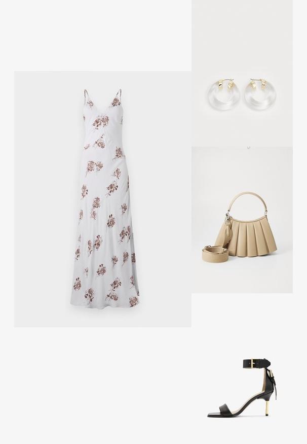 Robe blanche longue avec des fines bretelles, ornée d'un motif floral brun. Fabriquée en tissu lisse, elle possède un décolleté en V et une silhouette fluide.; Sandale à talon en cuir noir avec un bout carré, une bride de cheville dotée d'une boucle en or et un talon métallique fin. Texture lisse, design minimaliste.; Lacoste LENGLEN BAG - Sac à main - viennois; Boucles d'oreilles en acrylique transparent avec des accents en métal doré et une finition polie. Présente un design circulaire lisse.