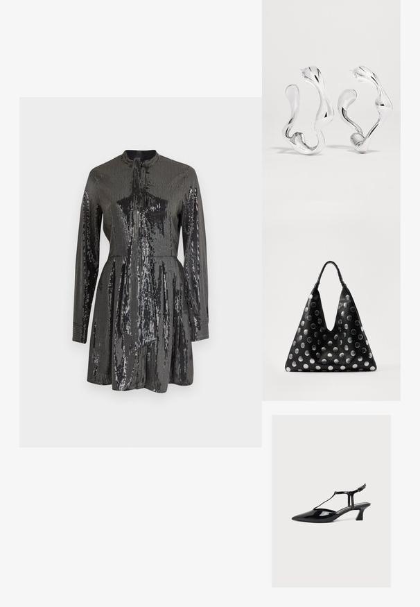 Robe noire à paillettes avec des manches longues et un col haut, présentant un corsage ajusté et une jupe évasée. Texture réfléchissante sur l'ensemble.; Chaussure à talon bas en cuir verni noir, bout pointu, bride en T et fermeture à boucle sur fond clair neutre.; Sac en cuir noir de forme triangulaire, doté de pois métalliques argentés et d'une poignée texturée. Fini lisse dans l'ensemble.; Boucles d'oreilles créoles ondulées abstraites en ton argent avec une surface lisse et réfléchissante et des formes organiques irrégulières.