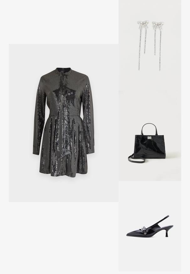 Robe noire à paillettes avec des manches longues et un col haut, présentant un corsage ajusté et une jupe évasée. Texture réfléchissante sur l'ensemble.; Chaussure à talon bas en cuir verni noir avec bride arrière, bout pointu et détail boucle argentée sur fond blanc uni.; Sac à main en cuir verni noir avec poignées arrondies, bandoulière détachable et fermeture à boucle argentée sur fond blanc uni.; Longs boucles d'oreilles en argent avec un groupe de strass au sommet et des rangées de petites strass suspendues en dessous.