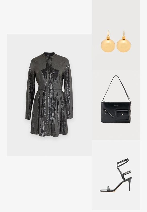 Robe noire à paillettes avec des manches longues et un col haut, présentant un corsage ajusté et une jupe évasée. Texture réfléchissante sur l'ensemble.; Sandale noire à talon haut avec fine bride à la cheville, bride médiane décorée de maillons de chaîne argentés, et design à bout ouvert.; Sac à bandoulière en cuir noir Michael Kors avec fermeture éclair supérieure, poche avant zippée en diagonale, poche à rabat avec bouton-pression et détail en chaîne argentée.; Paire de boucles d'oreilles boule de Noël dorées brillantes avec fermoirs à crochet sur fond blanc uni.