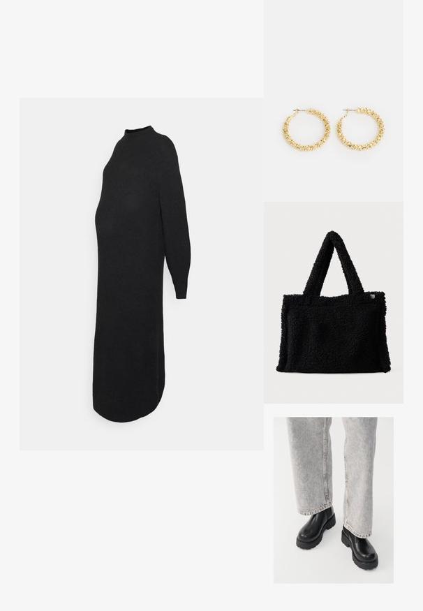 ONLY MATERNITY OLMLUCCA DRESS - Gebreide jurk - black; Vagabond COSMO - Enkellaarsjes met plateauzool - black; Zwarte nepbont schoudertas met een zachte textuur, korte handvatten en een rechthoekige vorm. Kenmerkt een klein logo-label aan één zijde.; Gouden hoepeloorbelletjes met een gestructureerd oppervlak en kleine, ronde accenten. Ronde vorm en sluiting met een pin.
