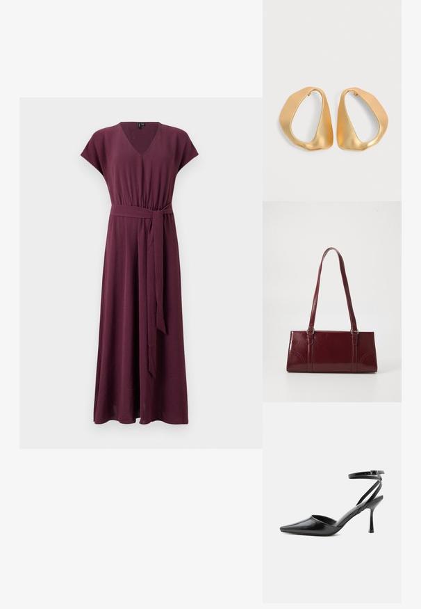 Vestido maxi de manga corta y escote en V en color burdeos oscuro, con tejido texturizado y un cinturón atado a la cintura para un ajuste ajustable.; Zapato de tacón alto negro de punta fina con delgadas correas en el tobillo y cierre de hebilla plateada sobre un fondo liso claro.; Bolso burdeos hecho de material brillante, de forma rectangular, con dos asas para el hombro y sutiles acentos curvados en la parte frontal.; Par de pendientes de aro dorados irregulares y asimétricos con acabado suave y mate sobre fondo neutro.