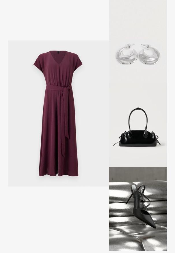 Vestido maxi de manga corta y escote en V en color burdeos oscuro, con tejido texturizado y un cinturón atado a la cintura para un ajuste ajustable.; Zapato stiletto negro de punta puntiaguda con tiras cruzadas reposando sobre una superficie de cuero plateado brillante y capitoné.; Pequeño bolso negro brillante con dos asas largas y detalles de cordón lateral sobre un fondo claro liso.; Un par de pendientes de aro en forma de media luna pulidos en plata, con respaldos de plástico transparente, sobre una superficie blanca.