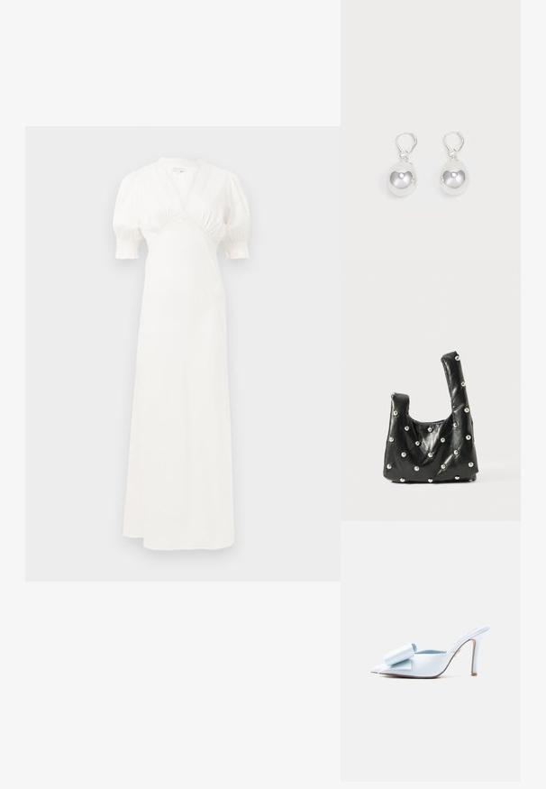 Weißes Maxikleid mit Puffärmel, tiefem V-Ausschnitt und gerafftem Oberteil. Glatter Stoff mit subtiler Glanz. Keine sichtbaren Verschlüsse oder Muster.; Hellblaue Slingback-Pumps aus Leder mit spitz zulaufender Spitze, großer Schleifendekoration und 10 cm Stilettabsatz. Glatte Textur und minimalistisches Design.; Schwarze Lederhandtasche mit einer weichen Textur, runden Obergriffen und metallischen Perlenakzenten auf der Oberfläche. Kompakte, strukturierte Form.; Silberne Tropfenohrringe mit glatten, runden, reflektierenden Oberflächen, die an Hakenverschlüssen hängen. Der Hintergrund ist reinweiß.