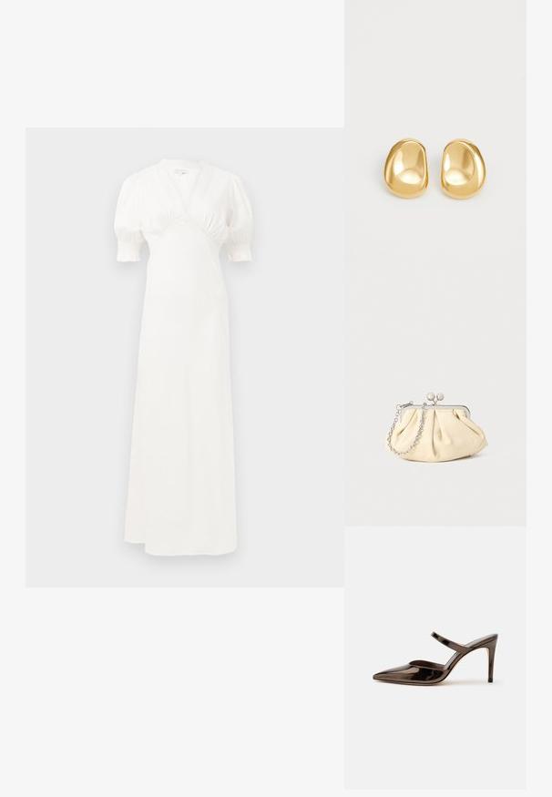 Vestido maxi blanco con mangas abullonadas, escote en V profundo y detalle de cuerpo fruncido. Tejido suave con un sutil brillo. Sin cierres visibles ni patrones.; Mule de tacón alto de punta estrecha de color marrón oscuro brillante con una tira delgada sobre el empeine sobre un fondo blanco liso.; Clutch de cuero beige plisado con un marco de metal plateado, que cuenta con dos broches decorativos redondos y una correa de cadena plateada.; Pendientes de studs en color dorado con una forma suave y redondeada y una superficie reflectante, que exhiben un diseño minimalista y sin patrones visibles.