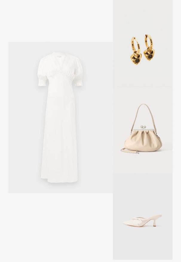 Hvid maxi kjole med puffærmer, dyb V-udskæring og sammensamlet talje detaljer. Glat stof med en subtil glans. Ingen synlige lukninger eller mønstre.; Mulesko i lyst beige stof med et knyttet design foran, spids tå og en slank, tilspidset hæl. Glat tekstur over det hele.; Beige blød læderhåndtaske med en sølv metalramme-lukning, enkelt skulderstrop og en valgfri kæderem på en hvid baggrund.; Guld øreringe med hjerteformede vedhæng. Hvert hjerte har en tekstureret overflade og en central sort ædelsten i en fæstning med klør.