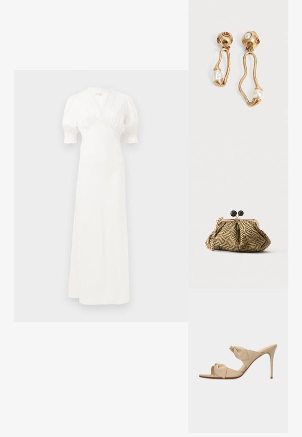 Vestido maxi blanco con mangas abullonadas, escote en V profundo y detalle de cuerpo fruncido. Tejido suave con un sutil brillo. Sin cierres visibles ni patrones.; Sandalia mule de tacón alto color beige con dos tiras nudo retorcidas y tacón stiletto delgado sobre fondo blanco.; Pequeño bolso de mano con patrón geométrico en dorado y negro, marco metálico dorado, cierre de bola negro y una corta correa de cadena dorada.; Pendientes en tono dorado con formas abiertas irregulares, cada uno con una perla en la parte inferior y detalles de piedras preciosas en los clavos redondos.