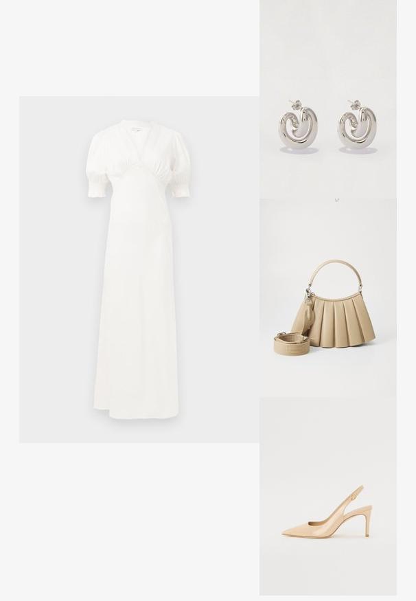 Vestido maxi blanco con mangas abullonadas, escote en V profundo y detalle de cuerpo fruncido. Tejido suave con un sutil brillo. Sin cierres visibles ni patrones.; Tacón slingback de charol nude con punta afilada, empeine abierto y un delgado tacón stiletto. Presenta un acento dorado circular en la correa.; Lacoste LENGLEN BAG - Bolso de mano - viennois; Pendientes de metal plata con un diseño en espiral, que presentan superficies lisas y un acabado pulido, asegurados con un cierre de mariposa.