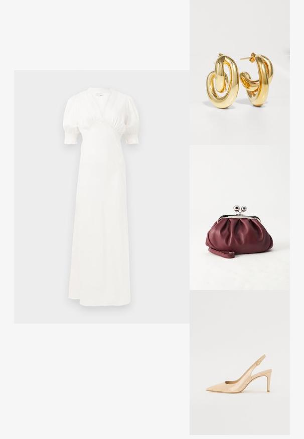 Hvid maxi kjole med puffærmer, dyb V-udskæring og sammensamlet talje detaljer. Glat stof med en subtil glans. Ingen synlige lukninger eller mønstre.; Nude patenteret læder slingback hæl med spidse tæer, åben vamp og en tynd stiletto hæl. Har et cirkulært guldfarvet element på remmen.; Lille bordeauxlæder clutch-pung med sølv metal lukning og håndledsrem på hvid baggrund.; Charlotte Chesnais BO INITIAL BLOW - Øreringe - gold-coloured