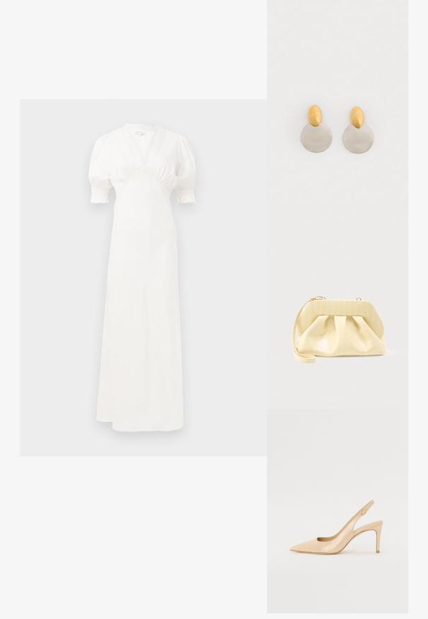Hvid maxi kjole med puffærmer, dyb V-udskæring og sammensamlet talje detaljer. Glat stof med en subtil glans. Ingen synlige lukninger eller mønstre.; Nude patenteret læder slingback hæl med spidse tæer, åben vamp og en tynd stiletto hæl. Har et cirkulært guldfarvet element på remmen.; Clutch-taske i cremefarvet læder med en struktureret topramme og håndledsrem, vist mod en enkel lys baggrund.; Guld- og sølvmetalløreringe med en rund skivebund og et ovalt topstykke, glat tekstur og poleret finish.