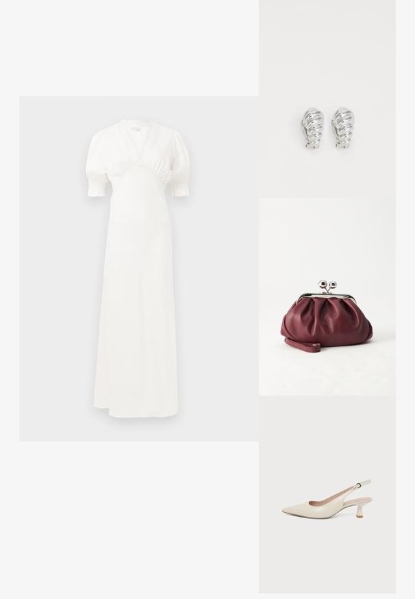 Weißes Maxikleid mit Puffärmel, tiefem V-Ausschnitt und gerafftem Oberteil. Glatter Stoff mit subtiler Glanz. Keine sichtbaren Verschlüsse oder Muster.; Slingback-Schuh in Creme mit spitzer Schuhspitze, kleinem geschwungenem Kittenabsatz und verstellbarem Schnallenriemen.; Kleine burgunderrote Lederclutch mit silbernem Metallverschluss und Handgelenksriemen auf weißem Hintergrund.; Silberne Clip-On-Ohringe mit spiralförmigem Design, das eine glatte metallische Textur und abgerundete Formen aufweist. Keine sichtbaren Verzierungen oder Muster.