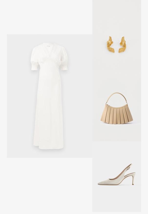 Weißes Maxikleid mit Puffärmel, tiefem V-Ausschnitt und gerafftem Oberteil. Glatter Stoff mit subtiler Glanz. Keine sichtbaren Verschlüsse oder Muster.; Weißer Lederslingpumps mit spitzer Zehenpartie und Schnallenriemen vor einfachem Hintergrund.; Beige plissierte Handtasche mit gebogenem Reißverschluss oben und einem einzelnen gebogenen Griff, dargestellt auf weißem Hintergrund.; Goldfarbene Ohrringe mit einem verdrehten Blattdesign, verziert mit kleinen funkelnden Steinen und mit einem Steckverschluss gesichert.
