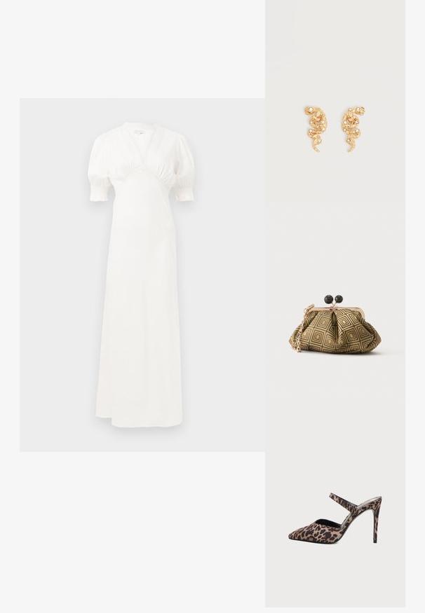 Vestido maxi blanco con mangas abullonadas, escote en V profundo y detalle de cuerpo fruncido. Tejido suave con un sutil brillo. Sin cierres visibles ni patrones.; Mule de tacón alto con punta afilada, estampado de leopardo y una sola tira fina sobre la parte superior del pie sobre un fondo liso.; Pequeño bolso de mano con patrón geométrico en dorado y negro, marco metálico dorado, cierre de bola negro y una corta correa de cadena dorada.; Pendientes en forma de serpiente con tono dorado adornados con pequeños cristales claros sobre un fondo claro liso.