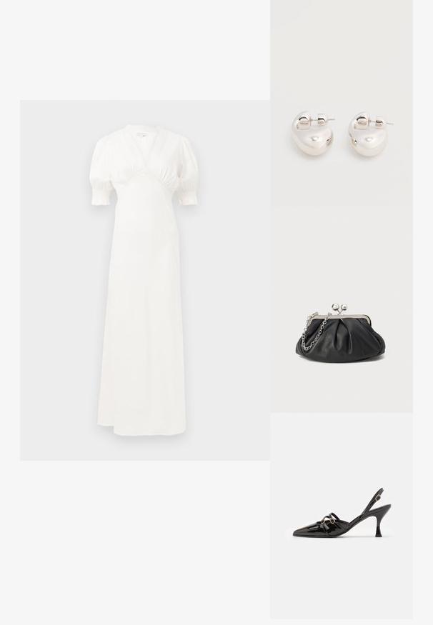 Weißes Maxikleid mit Puffärmel, tiefem V-Ausschnitt und gerafftem Oberteil. Glatter Stoff mit subtiler Glanz. Keine sichtbaren Verschlüsse oder Muster.; ALOHAS JOELLE ONIX - Pumps - black; Schwarze Leder-Clutch mit geraffter Textur, silberfarbener Metallrahmen, Druckverschluss und Kettenriemen. Glatte, weiche Oberfläche.; Paar glänzende silberne dicke Creolen mit Stecker-Verschlüssen auf weißem Hintergrund.