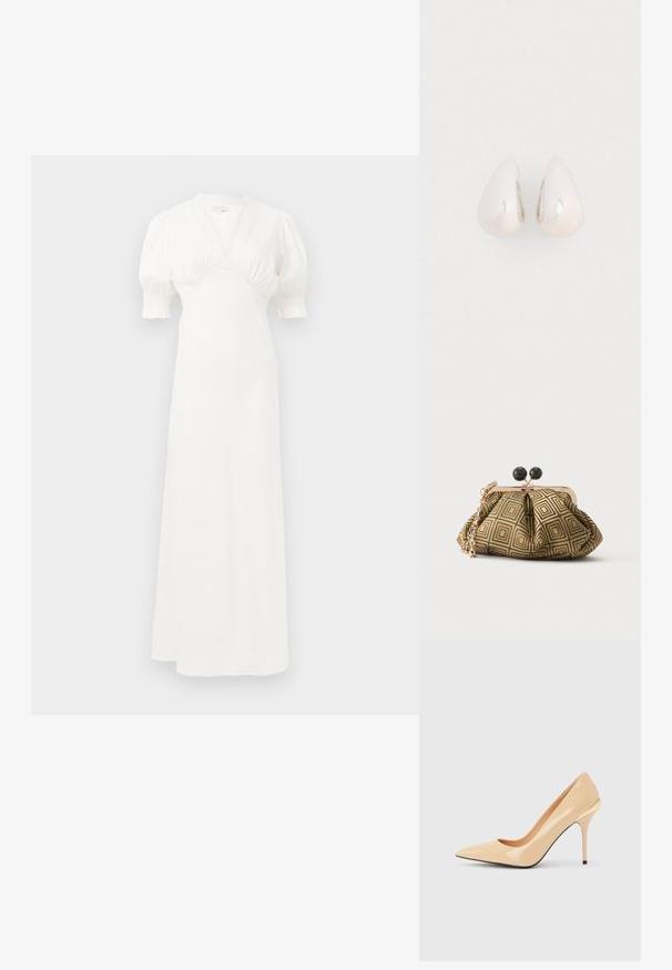 Hvid maxi kjole med puffærmer, dyb V-udskæring og sammensamlet talje detaljer. Glat stof med en subtil glans. Ingen synlige lukninger eller mønstre.; Beige laklæder pumps med høje hæle, spids tå og slank stiletthæl, med en lille guldaccent bagpå.; Lille clutch taske med gyldent og sort geometrisk mønster, guldfarvet metalramme, sort kuglelås og en kort guldkæde som rem.; Sølvmetal dråbeøreringe med en glat, reflekterende overflade og tåreform, der har et sammenhængende design uden synlige udsmykninger.