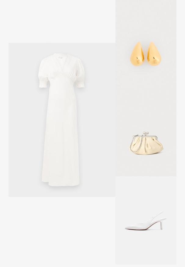 Weißes Maxikleid mit Puffärmel, tiefem V-Ausschnitt und gerafftem Oberteil. Glatter Stoff mit subtiler Glanz. Keine sichtbaren Verschlüsse oder Muster.; Damen-Slingback-Schuh aus weißem Leder mit spitzer Spitze, niedrigem Kitten-Heel und kleiner dekorativer Schleife oben, seitlich dargestellt.; Faltige beigefarbene Ledertasche mit einem silbernen Metallrahmen, ausgestattet mit zwei runden dekorativen Verschlüssen und einem silbernen Kettenriemen.; Goldene Tropfenohrringe mit einer glatten, polierten Oberfläche und gerundeten Unterseiten, die das Licht mit einem glänzenden Finish reflektieren.