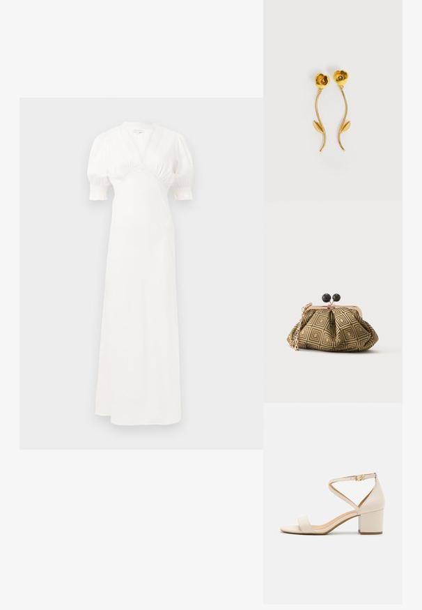 Weißes Maxikleid mit Puffärmel, tiefem V-Ausschnitt und gerafftem Oberteil. Glatter Stoff mit subtiler Glanz. Keine sichtbaren Verschlüsse oder Muster.; Beige Blockabsatzsandalen mit einem minimalistischen Design, offener Zehenpartie und verstellbarem Knöchelriemen mit einer goldenen Schnallenakzentuierung. Glatte Textur.; Kleine Clutch mit goldenem und schwarzem geometrischem Muster, goldfarbenem Metallrahmen, schwarzem Kugelverschluss und kurzem goldfarbenem Kettenriemen.; Ohrstecker in Goldoptik, geformt wie Blumen mit gebogenen Stielen und je einem einzelnen Blatt pro Stiel, vor weißem Hintergrund.