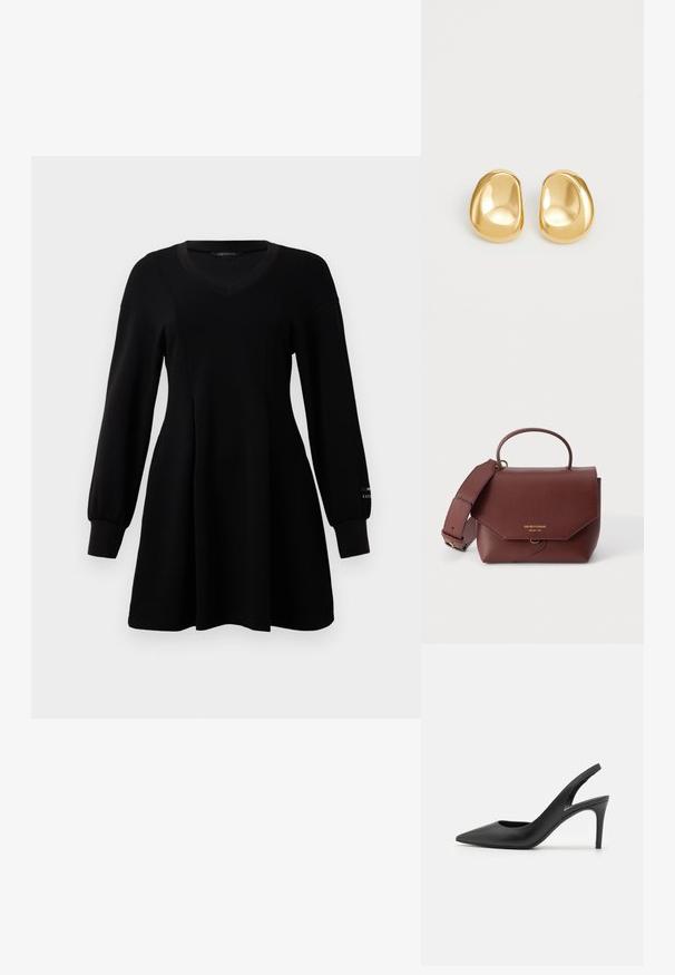 Vestido negro de manga larga con escote en V, cintura ajustada, falda acampanada y puños acanalados, expuesto sobre un fondo blanco liso.; Zapatos de tacón alto de cuero negro con diseño de punta afilada, que presentan un corte en la parte delantera y un delgado tacón de aguja.; Bolso de mano de cuero marrón con asa superior, correa de hombro ancha y ajustable, y logo dorado de Emporio Armani en la solapa delantera.; Pendientes de studs en color dorado con una forma suave y redondeada y una superficie reflectante, que exhiben un diseño minimalista y sin patrones visibles.