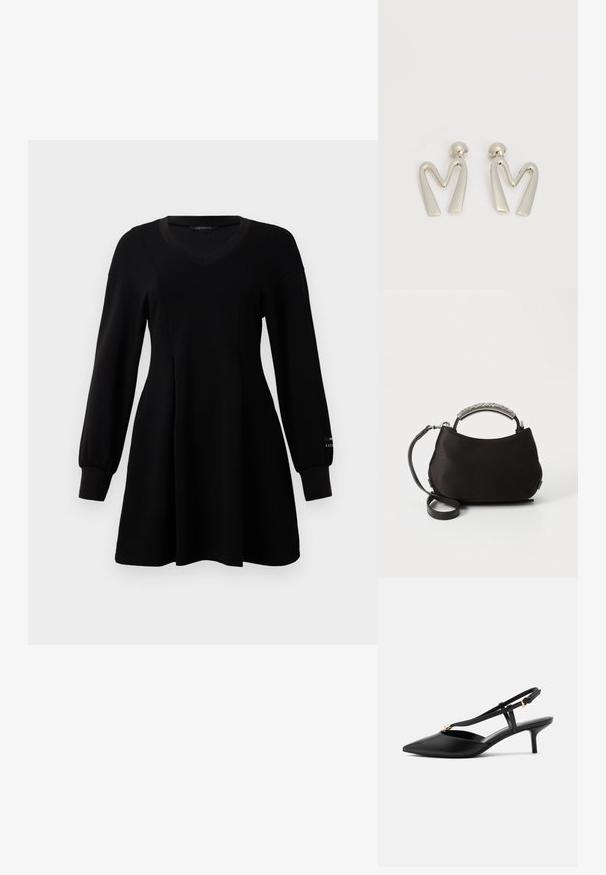 Zwart langekorte jurk met V-hals, aansluitende taille, uitlopende rok en ribgebreide manchetten, gepresenteerd op een plain witte achtergrond.; Zwarte leren slingback kittenheels met puntige neus, smalle T-strap, verstelbare gesp en kleine gouden versiering op het bandje.; Zwarte satijnen handtas met een gebogen zilveren handvat en een afneembare zwarte schouderriem. Zachte textuur en ronde vorm met een minimalistisch ontwerp.; Paar zilverkleurige metalen oorbellen in de vorm van een hoekige letter M met afgeronde stekers op een witte achtergrond.