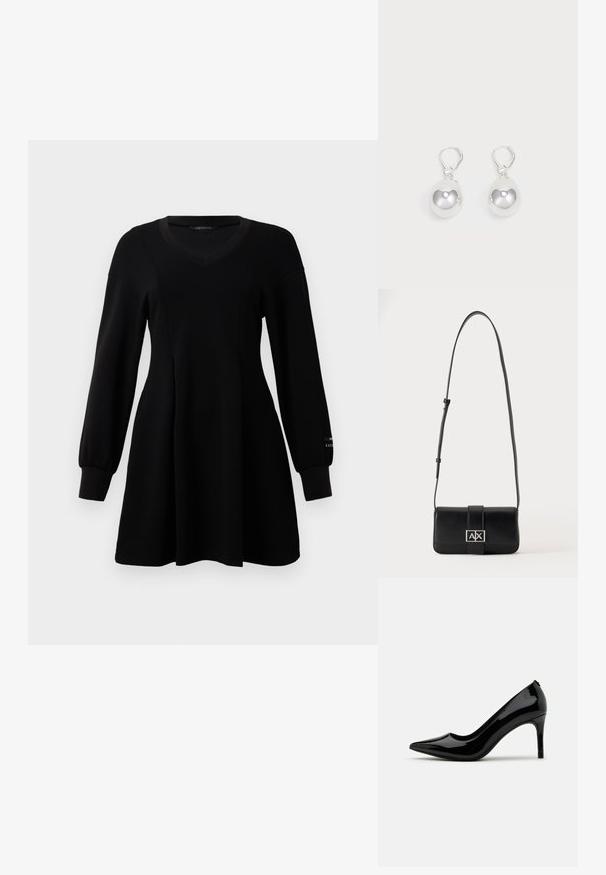 Zwart langekorte jurk met V-hals, aansluitende taille, uitlopende rok en ribgebreide manchetten, gepresenteerd op een plain witte achtergrond.; Zwarte lakleren hoge hakpumps met een spitse neus en slanke silhouet, met een gladde textuur en minimalistisch ontwerp.; Zwarte leren schoudertas met verstelbare riem en zilveren rechthoekige gesp met de letters A en X op een effen achtergrond.; Zilveren druppeloorbellen met gladde, ronde, reflecterende oppervlakken die hangen aan klapring-sluitingen. Achtergrond is puur wit.