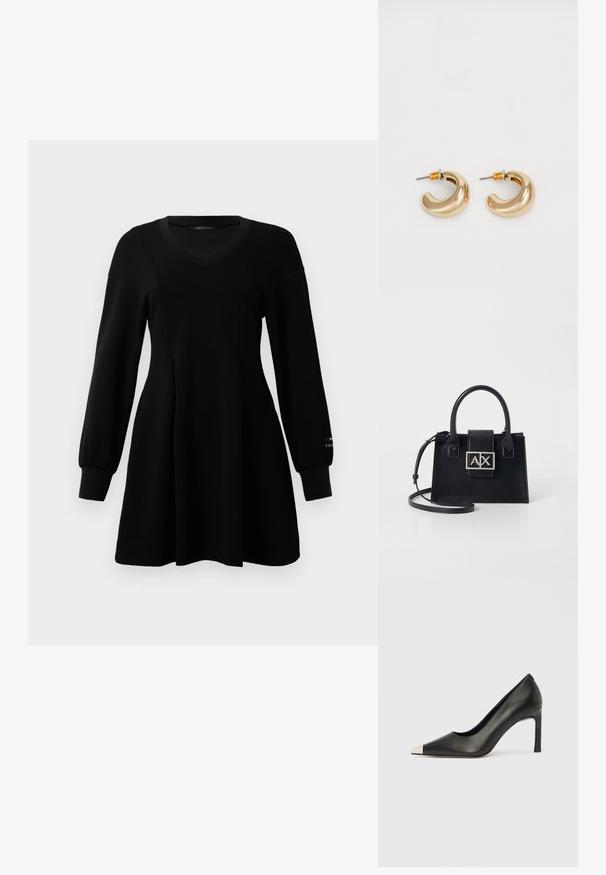 Vestido negro de manga larga con escote en V, cintura ajustada, falda acampanada y puños acanalados, expuesto sobre un fondo blanco liso.; Zapato de tacón alto de cuero negro con punta en forma de pico y una tapa metálica plateada. Presenta un acabado suave y un tacón delgado de 10 cm.; Bolso de mano de cuero negro con un diseño estructurado, asas superiores y una correa de hombro desmontable. Presenta una placa de logo en tono plata y una textura suave.; Dos pendientes de aro dorados brillantes en un diseño curvado, con acentos naranjas cerca del poste, sobre un fondo blanco liso.