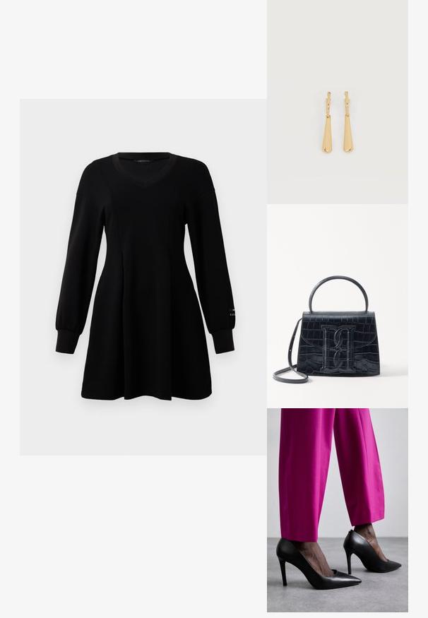 Vestido negro de manga larga con escote en V, cintura ajustada, falda acampanada y puños acanalados, expuesto sobre un fondo blanco liso.; Zapatos de tacón alto negros con un diseño de punta afilada y textura de cuero suave. Combinados con pantalones ajustados de un brillante color rosa.; Bolso de mano de cuero negro con estampado de cocodrilo, diseño estructurado, asa superior, correa ajustable y un destacado detalle del logotipo en la parte frontal.; Pendientes colgantes en tono dorado con colgantes alargados y suaves en forma de lágrima, colgando de cierres de aros pequeños sobre un fondo blanco.