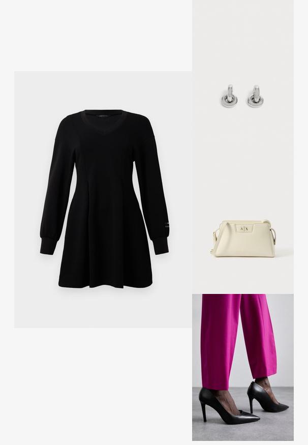 Schwarzes langärmliges Kleid mit V-Ausschnitt, tailliertem Schnitt, ausgestelltem Rock und gerippten Bündchen, auf einem schlichten weißen Hintergrund präsentiert.; Schwarze High-Heels mit einer spitzen Zehenform und glatter Lederoberfläche. Kombiniert mit knallroten, maßgeschneiderten Hosen.; Cremefarbene Lederhandtasche mit strukturiertem Design, A|X-Logo auf der Vorderseite und einem Schultergurt für vielseitige Tragemöglichkeiten.; Paar kleine, glänzende silberne Creolen mit rundem Sockel, auf einfachem hellem Hintergrund präsentiert.